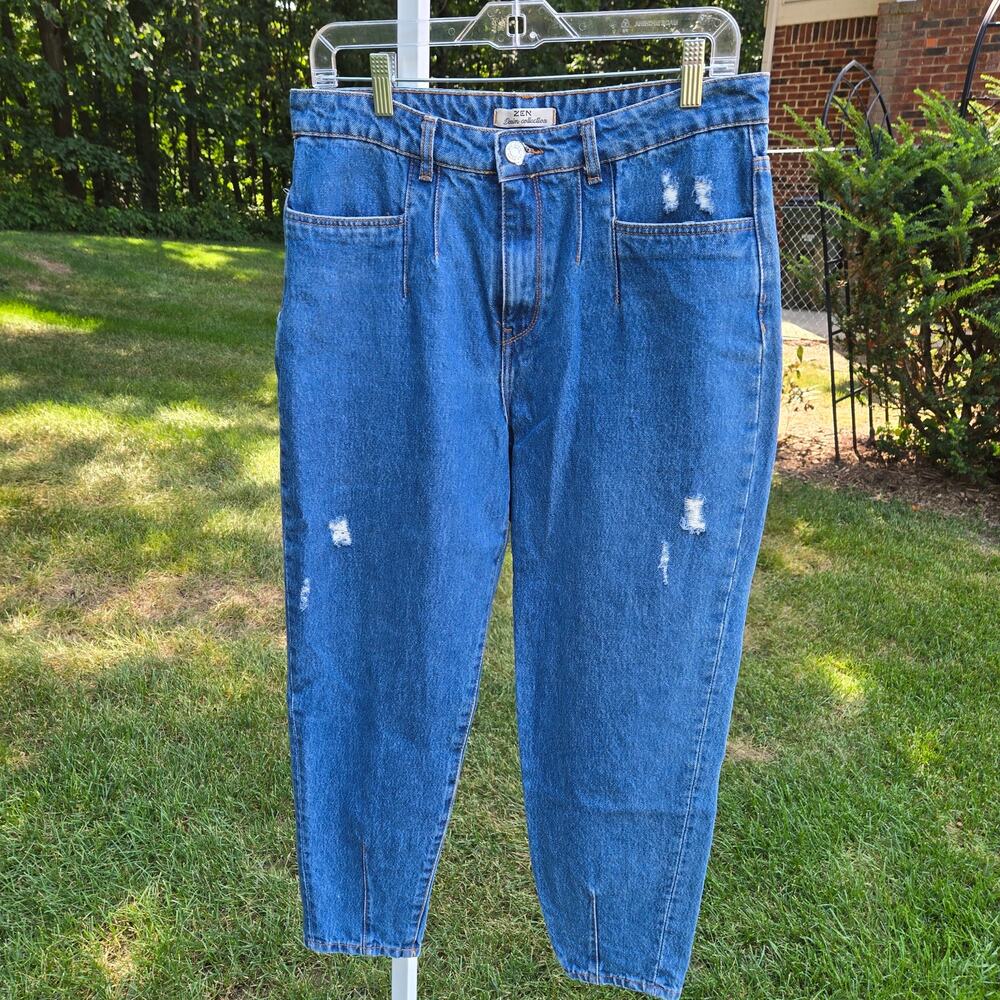 European Womens Zen Collection Mum Fit Tapered Retro Jeans Distressed Dart sz 34